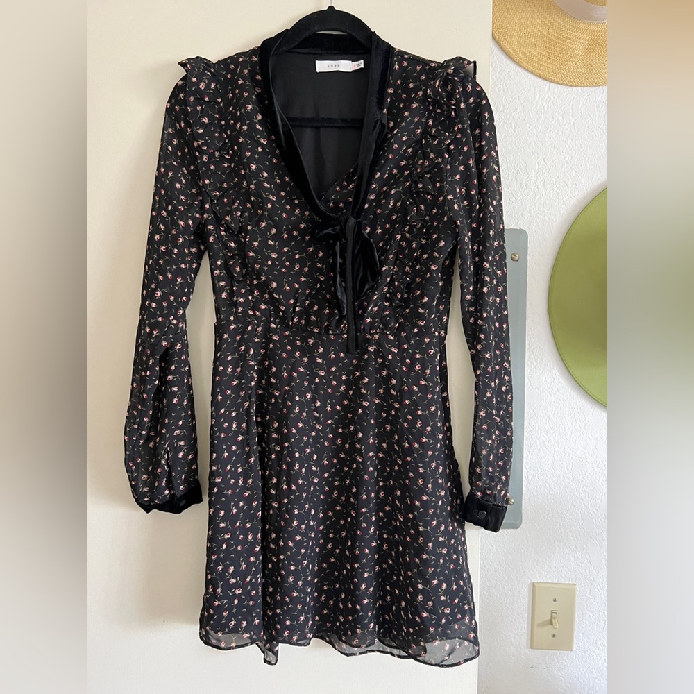 LUSH black floral dress. Size small. Velvet ties around the neck/chest